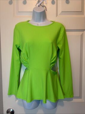 Venus Women’s Neon Green Long-Sleeve Peplum Top, Backless, Size Medium